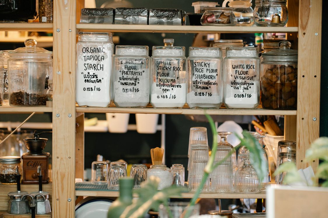 Pantry backstock and bulk ingredients organized with QR code labels